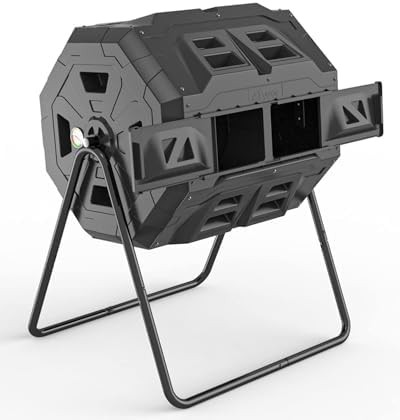 Black dual chamber tumbling composter with thermometer