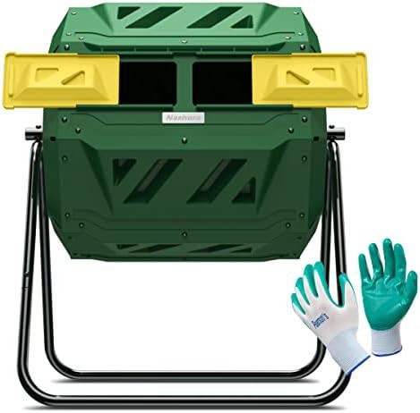Rotating compost bin with Pearson gloves