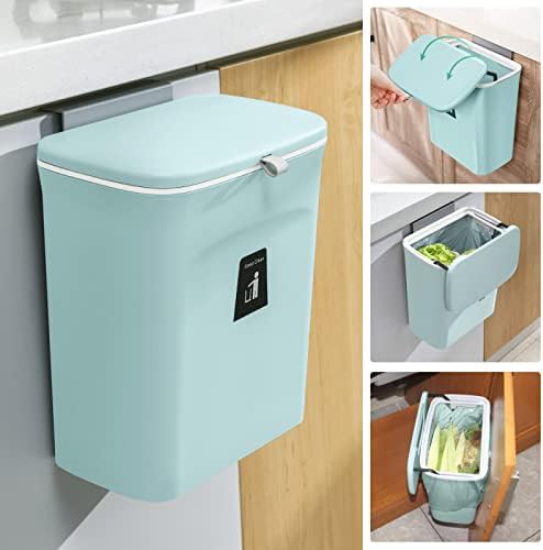 Blue hanging kitchen compost bucket with lid