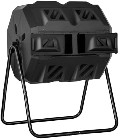 Tumbling composter with black sliding doors