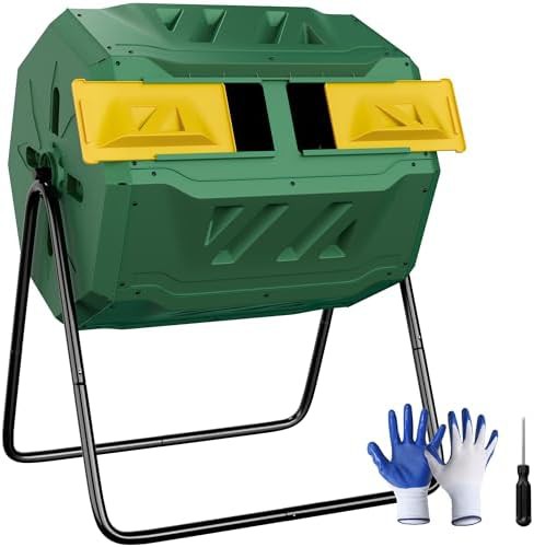 Black tumbling composter with sliding doors