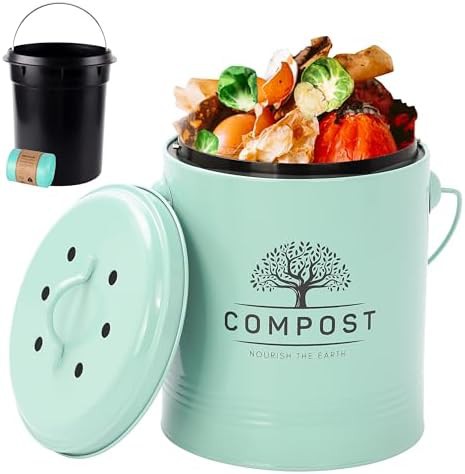 Mint green indoor compost caddy with liner