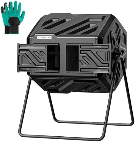 Black dual chamber outdoor compost tumbler