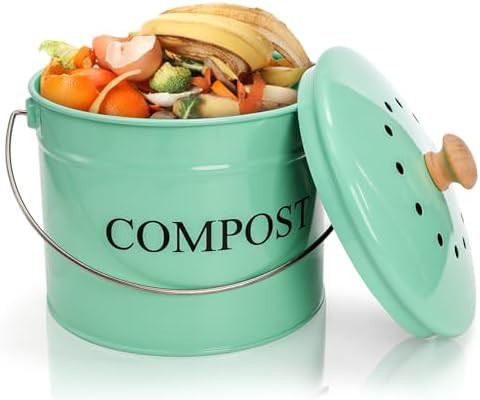 Mint green metal kitchen compost bin 1Gal