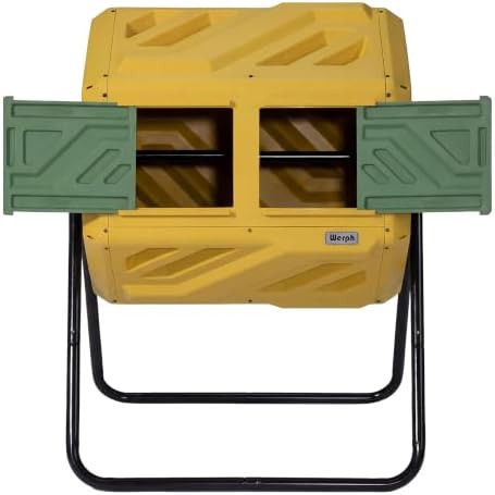 Yellow outdoor dual chamber rotating bin
