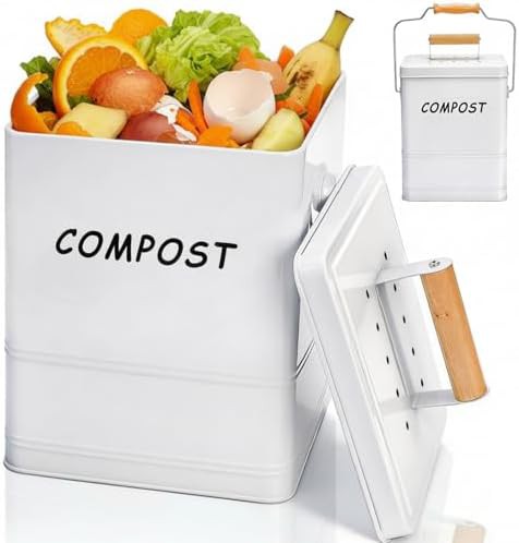 White round kitchen compost pail with filters