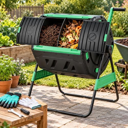 Rotating dual chamber composter with steel frame